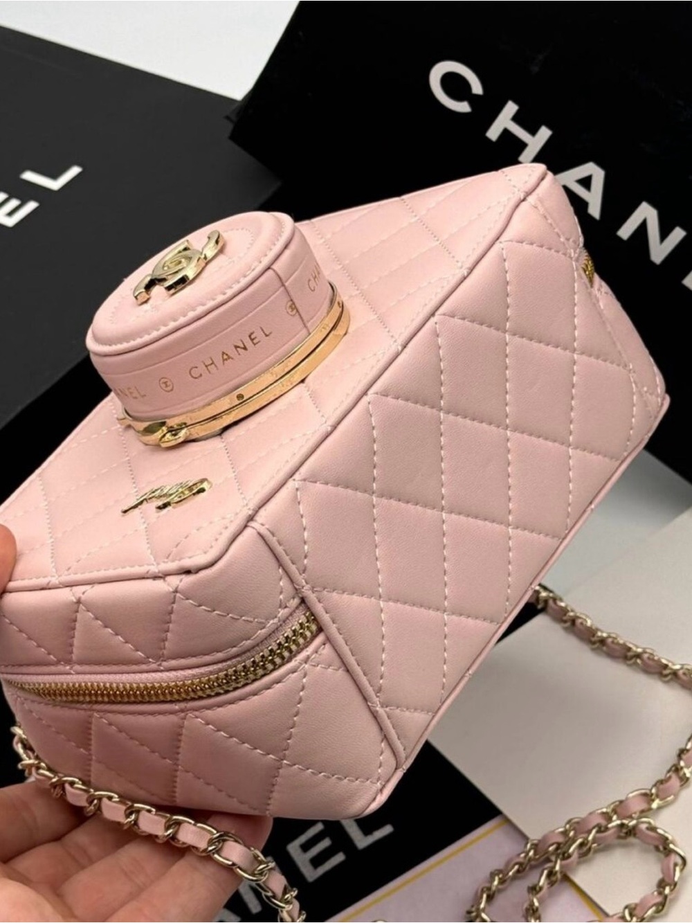 Pink Camera Quilted Leather Vanity Crossbody with Gold Hardware